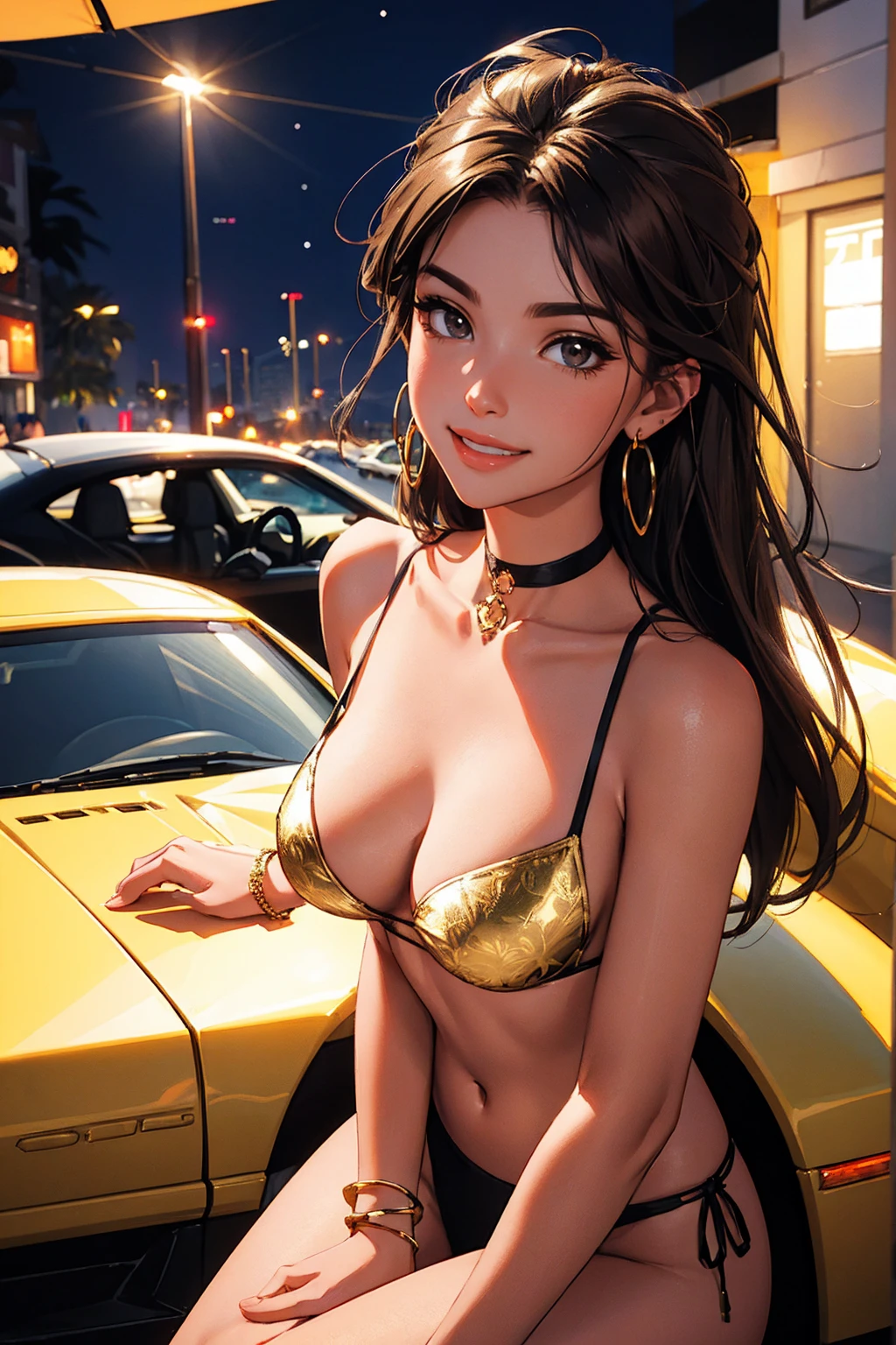 tmasterpiece,(tmasterpiece,top-quality,best qualityer),1girll, jewely,耳Nipple Ring,choker necklace,bangle, hoop earings,s, Long brown hair with blonde highlights, , ssmile, looking at viewert, motorvehicle,The Car, Sports cars,groundvehicle, Sat down, exteriors, daysies, nedium breasts,Open navel, dark skinned female, floral patterns, grinning smile,collars,Laser cloth,Sexy bikini,laser,holy rays,gold foil,Gold leaf art,glitter drawing,Correct anatomy,Detailed face, Detailed eyes,Chest exposed,(miami, night life)