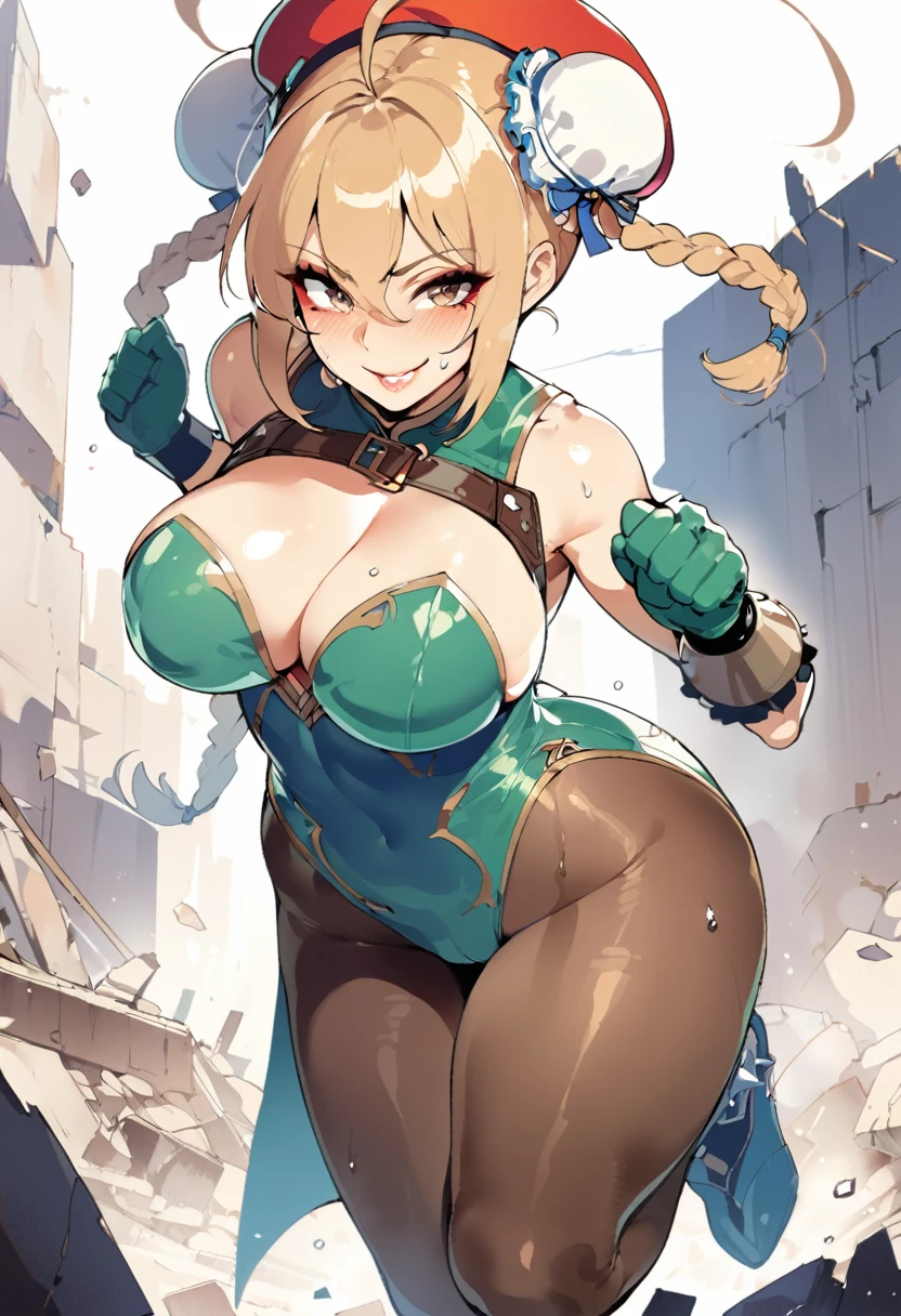 masterpiece,best quality,extreme detail,8k,cammyfn, 1girl, solo, Cammy, long hair, breasts, blue eyes,brown blonde hair, large breasts, gloves, red hat, braid, ahoge, twin braids, leotard, lips, makeup, beret, scar, antenna hair, nose, harness, huge ahoge, green leotard,sleeveless, sweaty,sweat, exhausted,sleeveless,cross eye, full body , 1girl, (solo:1.2), (jumping:1.3), (mid air:1.3), (cowboy shot:1.5), smile, happy, (masterpiece:1.3), (best quality:1.3), (perfect anatomy:1.4), highly detailed, chun li, brown eyes, short hair, double bun, bun cover, blue dress, pelvic curtain, spiked bracelet, sash, brown pantyhose, (post fight scenery:1.3), rubble, outside, daylight, nyantcha, expressive faces, anime-inspired, (cell shading:1.2), lips, merging
