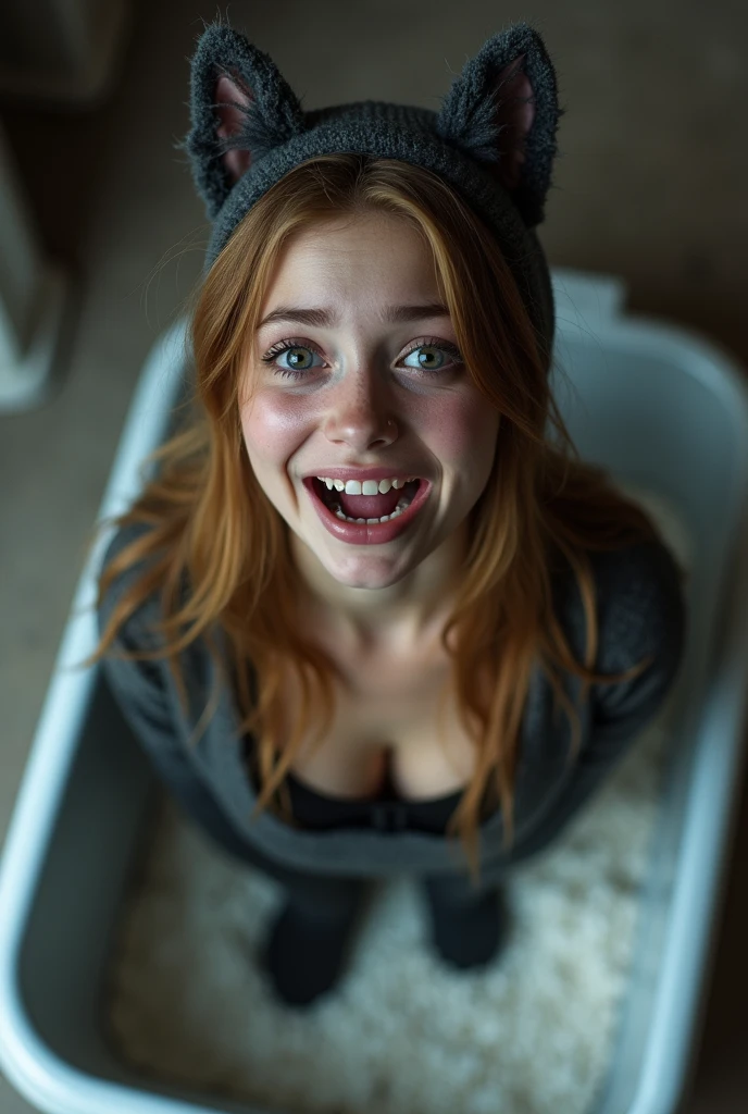 A  crying 18 year old Russian girl wearing a realistic cat costume  standing in a litter box with white gravel shot from above as she looks at the camera. Big breasts. Wearing cat makeup . Fangs