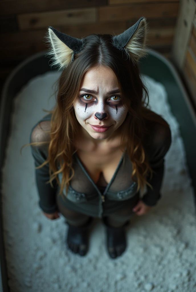 A  crying 18 year old Russian girl wearing a realistic cat costume  standing in a litter box with white gravel shot from above as she looks at the camera. Big breasts. Wearing cat makeup . Fangs