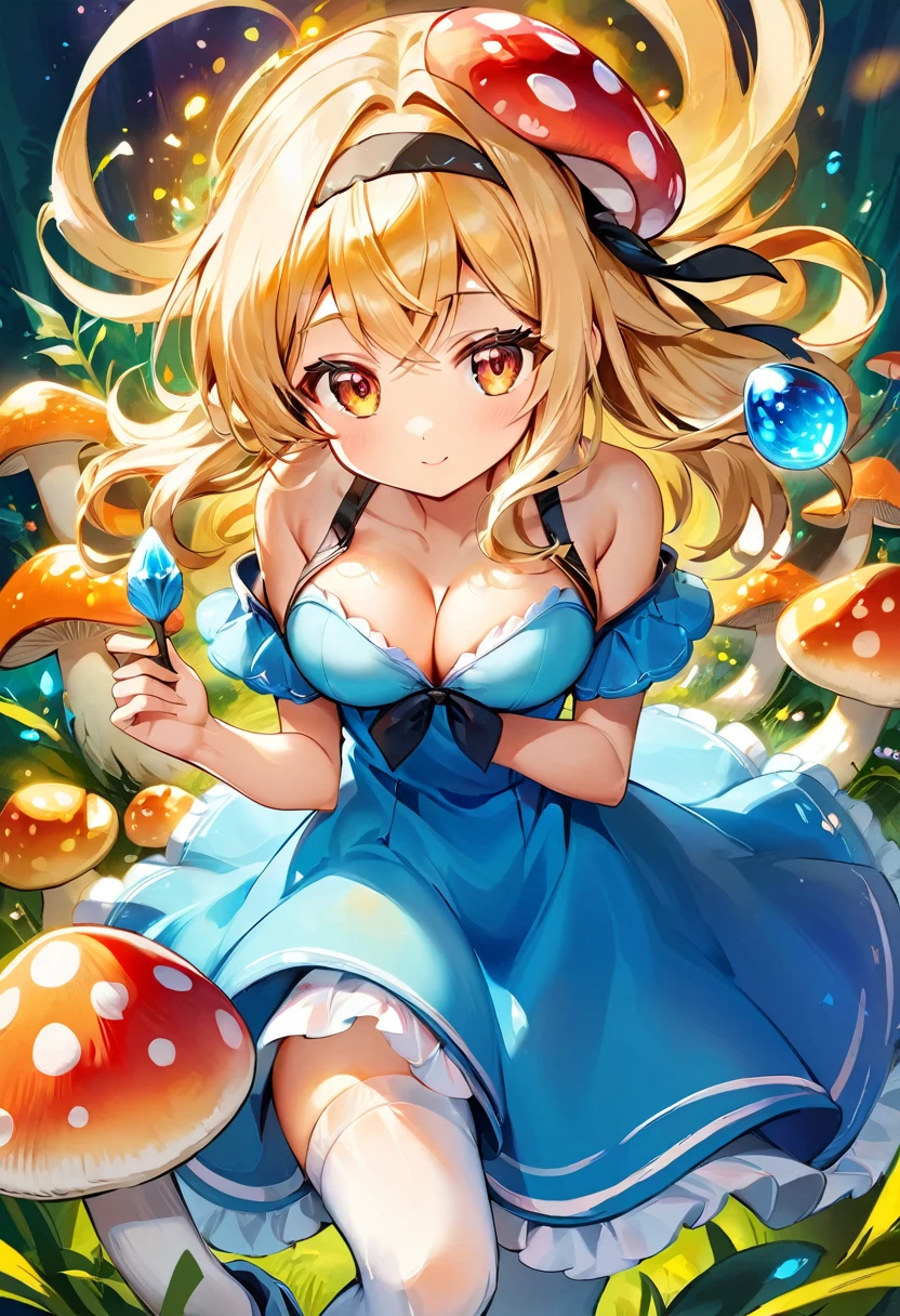 a beautiful 20 year old blonde Kate Bloom with big messy hair in a blue dress, white stockings, black headband, cleavage, holding a glowing mushroom, fantasy art style, rossdraws cartoon vibrant, cute detailed digital art, colorfull digital fantasy art, digital fantasy art ), glossy digital painting, rossdraws pastel vibrant, rossdraws 2. 5, rossdraws 1. 0