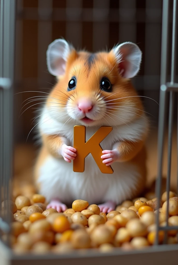 A hamster with letter 'K' and 'P' in hands by holding inside a cage