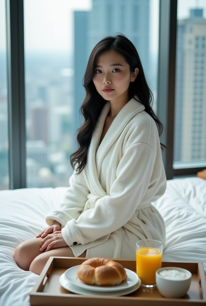 A 20 year old Asian , women , Black hair , Perfect bodyShe is wearing a white bathrobe and sitting on a luxurious bed with a glass wall behind it with a view of skyscrapers, and on the bed there is a luxurious breakfast tray.