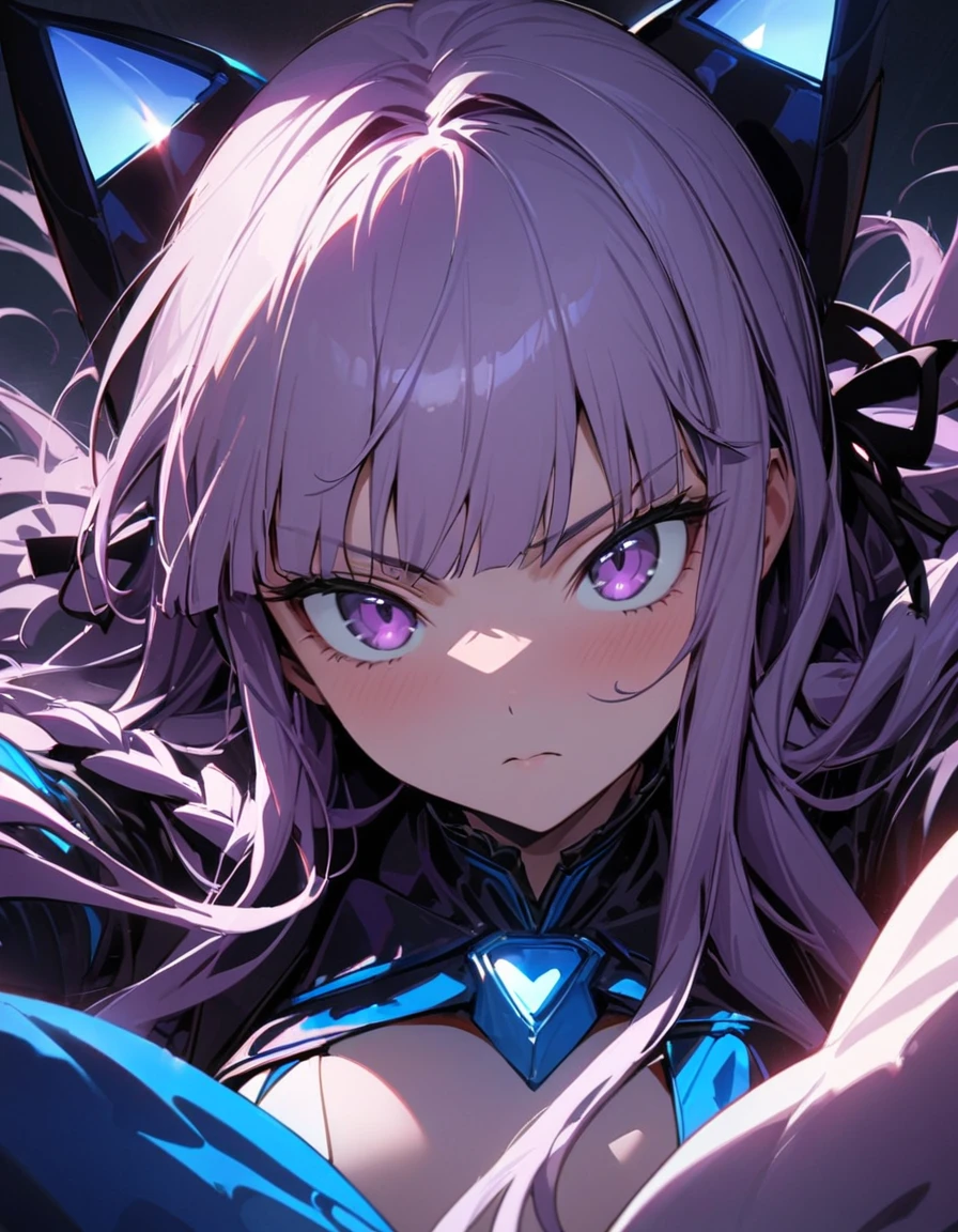 (kirigiri kyoko), cool, dramatic pose, (masterpiece, best quality, ultra detailed), (cinematic lighting), blue idol costume, (pov, ), (looking at viewer), incoming hug, (extremely close-up of face, ), kindly, gently, perfect anatomy, serious, 