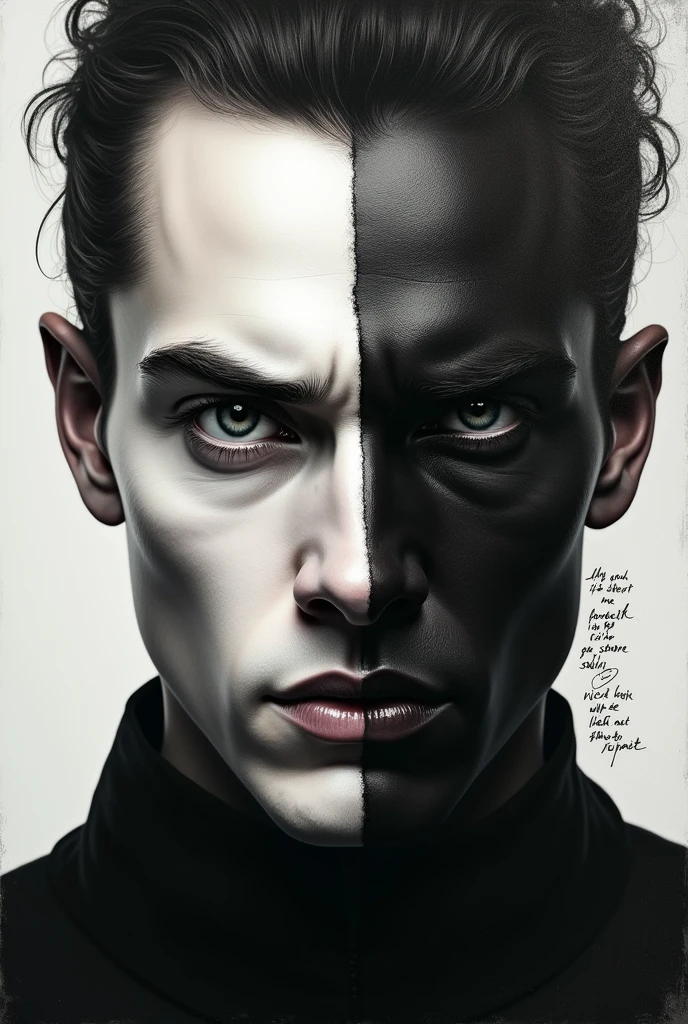 Man's face Half white paint Half has black note