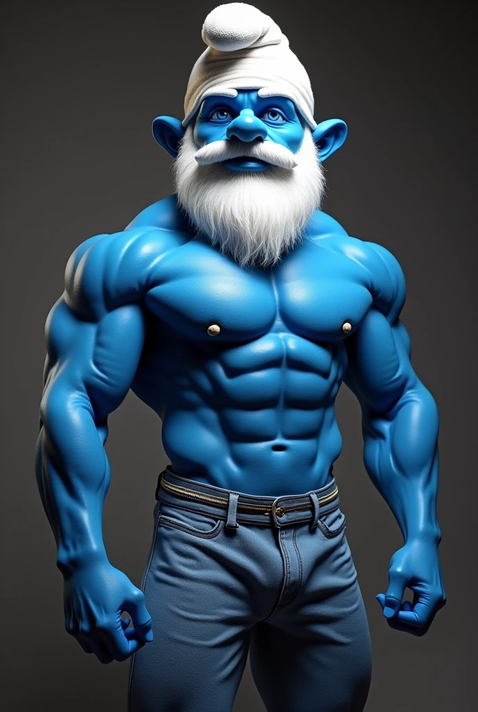 create a muscled guy with a gym body dressed as a smurf WITH WHITE SKIN COLOR