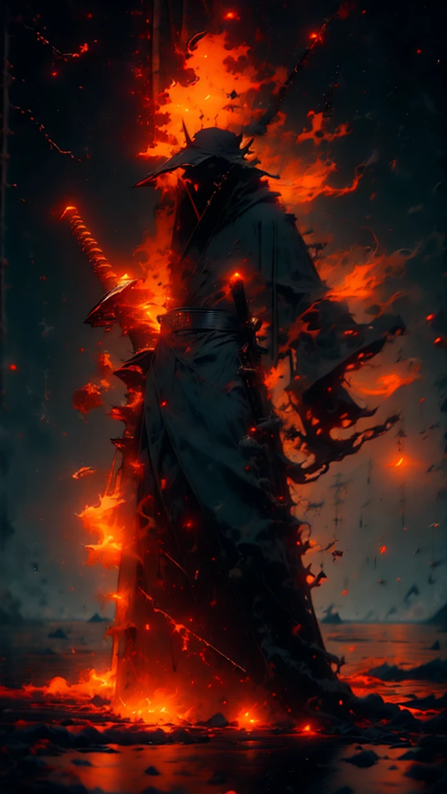 (best qualityer,ultra detaild),tenebrosa,humida,artificial raindrops falling,ancient japanese warrior standing in the rain,Japanese traditional bamboo hat(fail),dense forest landscape,majestic and serene nature,full moon shining brightly in the night sky,black kimono with fluorescent red stripes that glow in the moonlight,samurai sword sharpened and drawn(katana),
