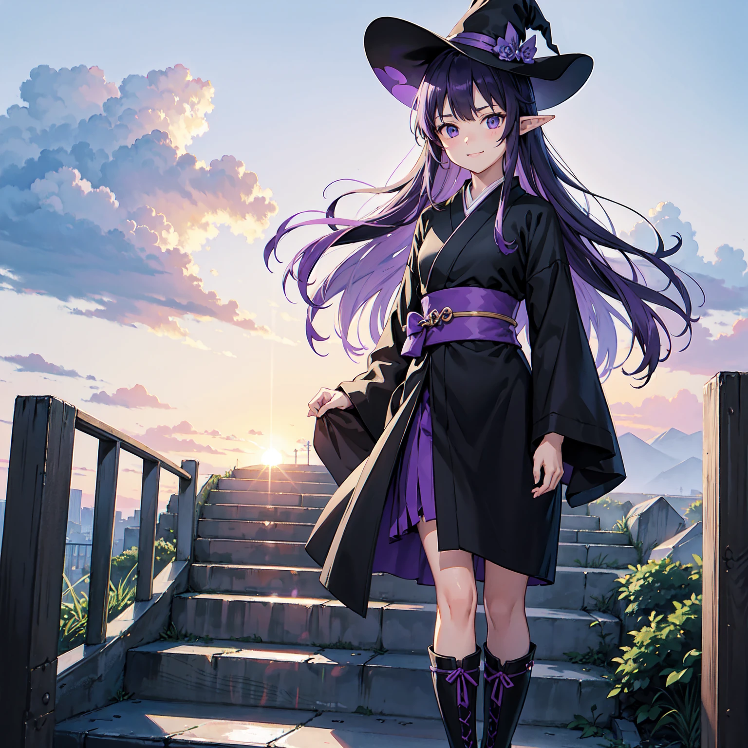 A girl with long violet-purple hair. A gentle, full smile. Pointy elf ears. Her clothes are simple: a black robe with wide sleeves and a black miniskirt. Her knees are showing. The front has a V-shaped white insert like a kimono. A witch's hat with purple ribbons on either side. Gentle face. Black boots. Background, bright painting, Makoto Shinkai, endless stairs only, floating long stairs, floating stairs in the air, stairs above clouds, illustration, nostalgic, vivid, above clouds, bright, fresh, sunset. A maze of connected stairs.