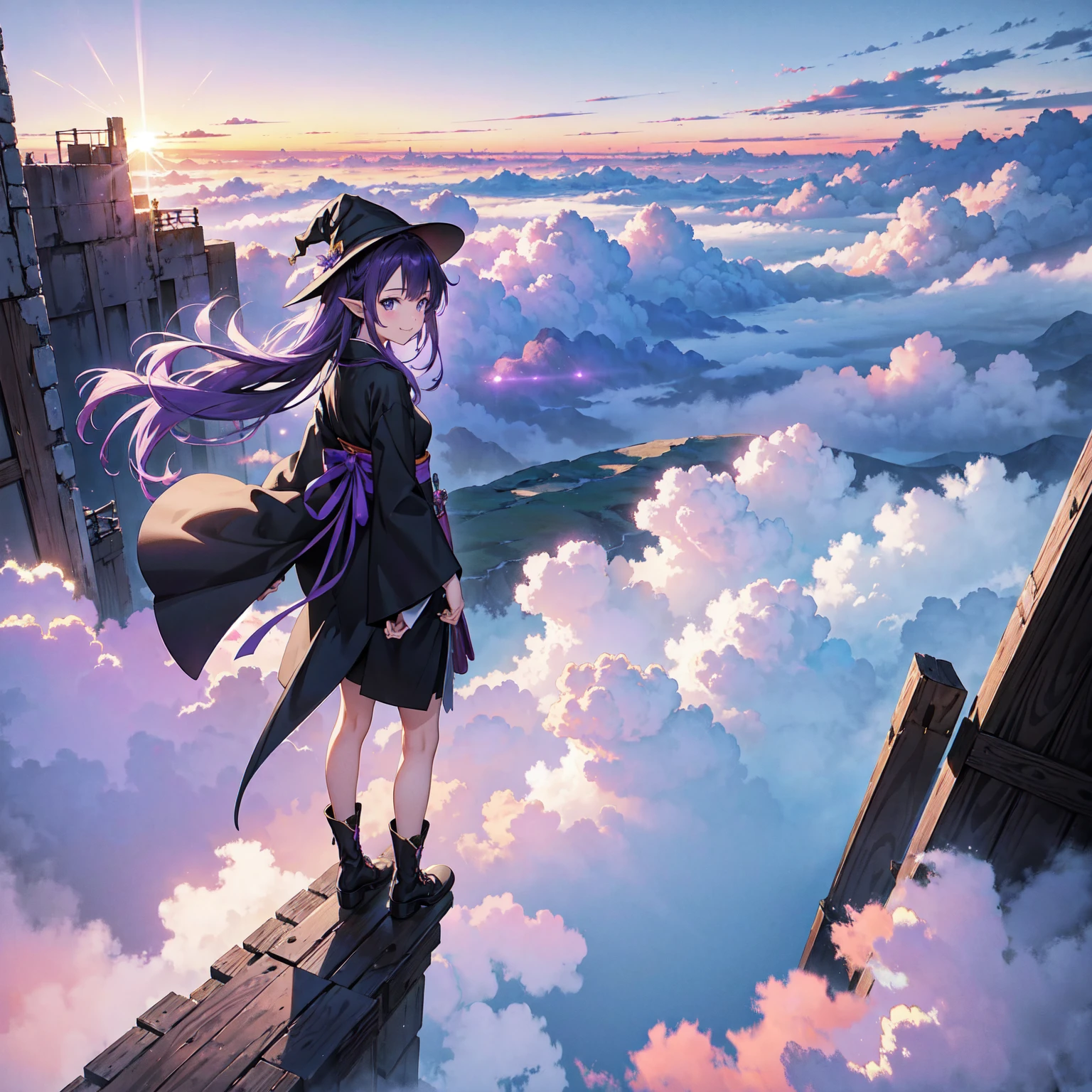 A girl with long violet-purple hair. A gentle, full smile. Pointy elf ears. Her clothes are simple: a black robe with wide sleeves and a black miniskirt. Her knees are showing. The front has a V-shaped white insert like a kimono. A witch's hat with purple ribbons on either side. Gentle face. Black boots. Background, bright painting, Makoto Shinkai, endless stairs only, floating long stairs, floating stairs in the air, stairs above clouds, illustration, nostalgic, vivid, above clouds, bright, fresh, sunset. A maze of connected stairs.