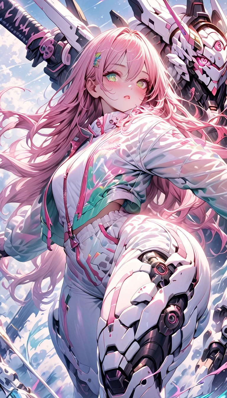 ((masterpiece))) whole body, whole body Shot (One Girl) ((Pink Hair, Long Hair, Straight hair, Both sides up))), ((Green Eyes))), eye shadow, eyeliner, Glow Eye, Hyper Detail Eye, Complex eyes, Beautiful Eyes, Detailed eyes, (((Star-shaped pupils, Shining pink eyes))) 18-year-old girl. (Wearing a transparent PVC jacket)) huge cool weapon mechanical in hand, huge cool weapon mechanical, Mecha, Mechaanism, mechanical, Open Stance, Coalesce(Realistic skin texture:1.3), rtrophto1
