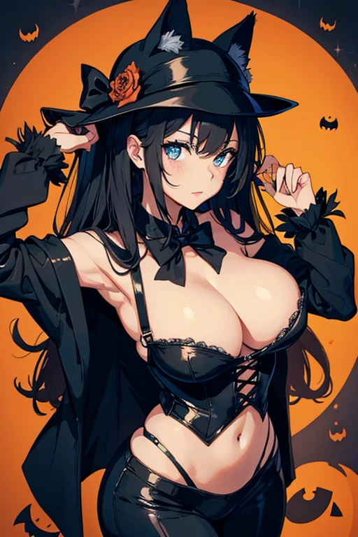 Woman in a black cat costume for Halloween