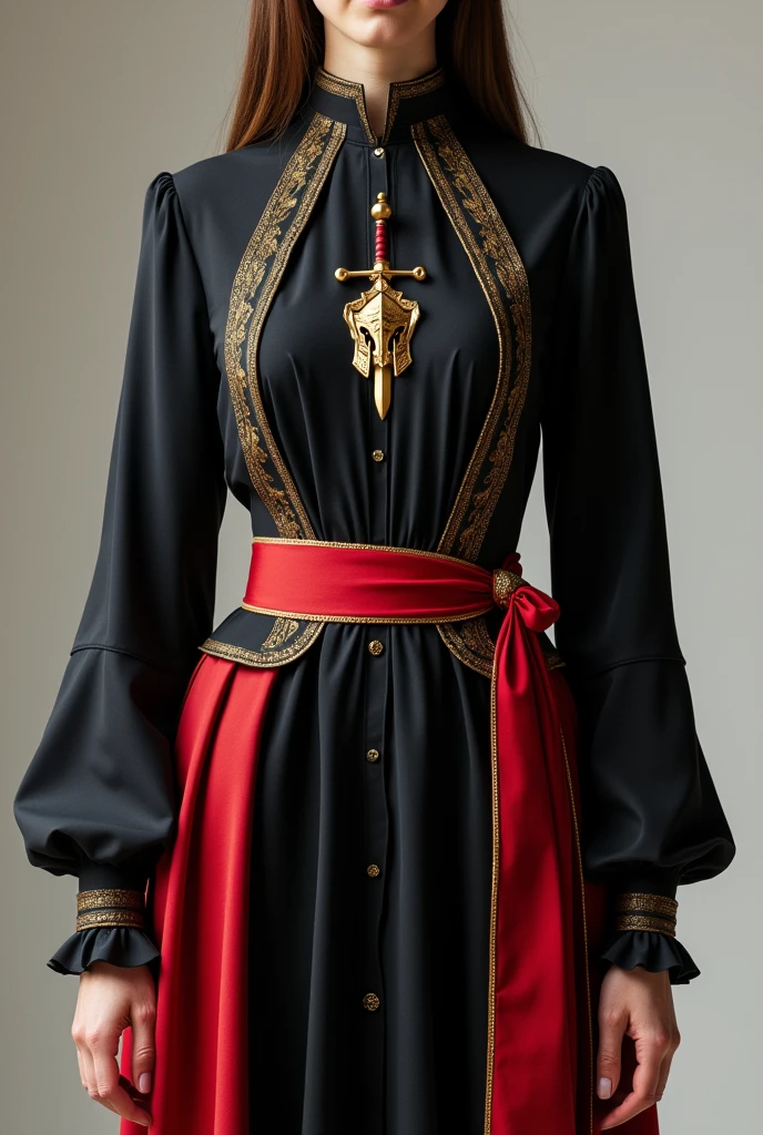 Black blouse with a red side ribbon with gold details with a middle emblem of a sword and a medieval era helmet
