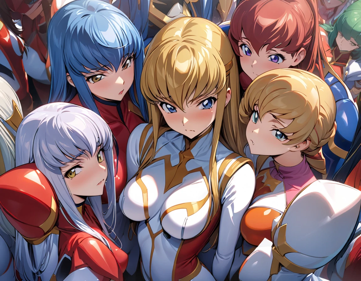 super sentai series, hero suits, girls surrounding, multiple girls, (masterpiece, best quality, ultra detailed), (code geass style, ), (tender expression, ), romantic,