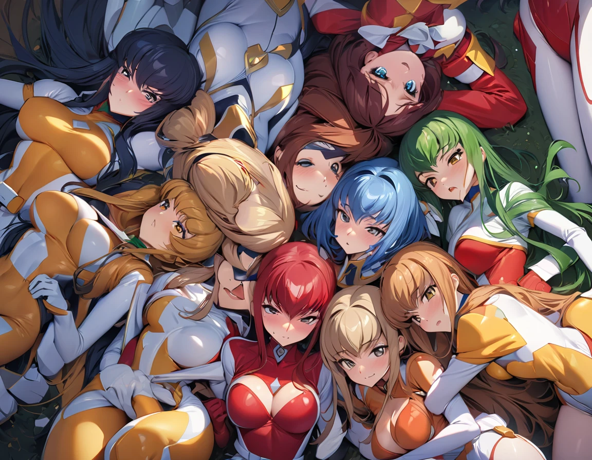 super sentai series, hero suits, girls surrounding, multiple girls, (masterpiece, best quality, ultra detailed), (code geass style, ), (tender expression, ), romantic,