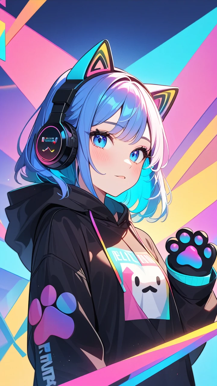 masterpiece,bestquality,superwideangle,fingeraudience,1girl,cat paws gloves, cat headphones,hoodie,pinkandbluehair,hand,cuteanimeface,masterpiece,transparentcolorPVCclothing,transparentcolorvinylclothing,halfbody,glitchlump}onface,cat mouth,mediumhair,filmgrain,lens_flare,colorful,chromaticaberration,dynamicpov,Intenseemotionalexpression:death,glitchart,ultra-detailed,extremelydelicateandbeautiful,albumcover,album,albumdescription,Pixilationonface,Doubleexposure,ChromaticAberration,Lightleaks,Noiseandgrain,Colordegradation,Glitchlettering,art,abstractart,geometry,clearlines,squares,bright,limitedpalette,{canonicalcomposition},neatdiagonalstripedbackground,{{bluewithwhitestripedbackground}},{limitedpalette},flatcolored,blueandwhite,