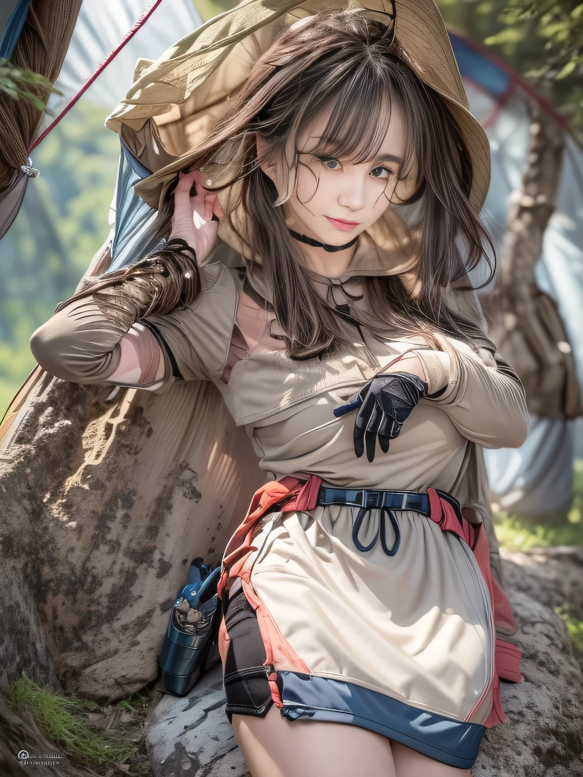 Very beautiful woman, Highly detailed eyes, Highly detailed face, Sexy and highly detailed lips, Super detailed everything, Attractive woman, Black choker, blue eyes, Very long eyelashes, bangs, Big Breasts, , Highest quality, masterpiece, ((Slim face)), Japanese actress, servant, ((High nose)), ((Mountaineering wear、Hunter Equipment), Happy atmosphere, , ((forest, Deep in the mountains)), mini skirt, ((camp、tent)),During meals