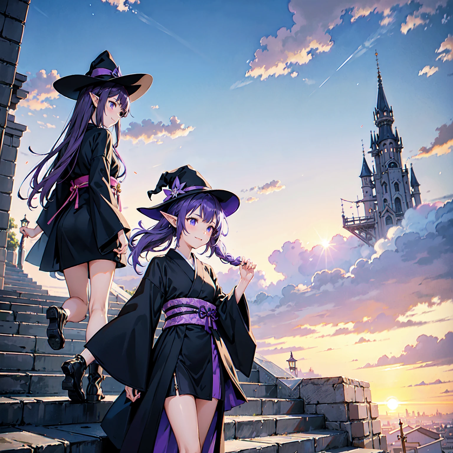 A girl with long violet-purple hair. A gentle, full smile. Pointy elf ears. Her clothes are simple: a black robe with wide sleeves and a black miniskirt. Her knees are showing. The front has a V-shaped white insert like a kimono. A witch's hat with purple ribbons on either side. Gentle face. Black boots. Background, bright painting, Makoto Shinkai, endless stairs only, floating long stairs, floating stairs in the air, stairs above clouds, illustration, nostalgic, vivid, above clouds, bright, fresh, sunset. A maze of connected stairs.