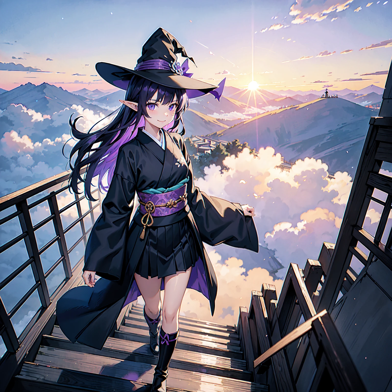 A girl with long violet-purple hair. A gentle, full smile. Pointy elf ears. Her clothes are simple: a black robe with wide sleeves and a black miniskirt. Her knees are showing. The front has a V-shaped white insert like a kimono. A witch's hat with purple ribbons on either side. Gentle face. Black boots. Background, bright painting, Makoto Shinkai, endless stairs only, floating long stairs, floating stairs in the air, stairs above clouds, illustration, nostalgic, vivid, above clouds, bright, fresh, sunset. A maze of connected stairs.