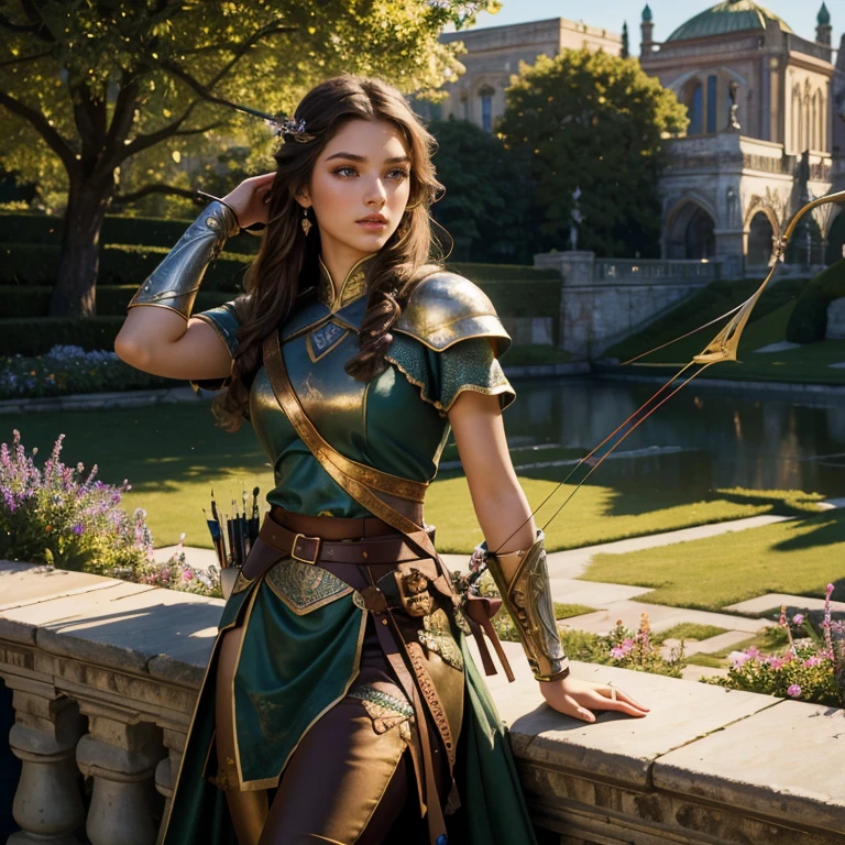 (masterpiece, best quality:1.5), highest quality, High resolution, super detailed, Realists, Upper body photo of a brunette archer, detailed and beautiful eyes, beautiful detailed lips, very detailed eyes and face, longeyelashes, Archer in elegant red short dress made of shiny satin fabric, Elegant details in the fabric. Beautiful and colorful makeup, Instructions for bow and arrow, Gardens as background, soft daylight, bright colors, fine brushstrokes, Portrait style, beautiful color palette, glowing skin, First-class rendering, that captures every detail, enchanting atmosphere, subtle shadows and lights, (perfect anatomy:1.2), (The stunning young archer with bow and arrow. (magnificent panorama view:1.2)