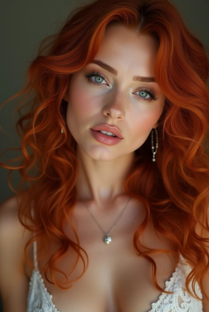 (Realistic photo of a beautiful woman, 35 years old, naked, grey eyes, full full lips, red hair, long curly hair, curls, tanned skin, jewellery, realistic, soft lighting, professional photography, photorealistic, detailed, RAW, sharp focus, ultra-high resolution, best quality, masterpiece, (best quality, high-resolution, ultra-detailed:1. 2), HDR, bright colours, curvy, sexy,  earrings, 
