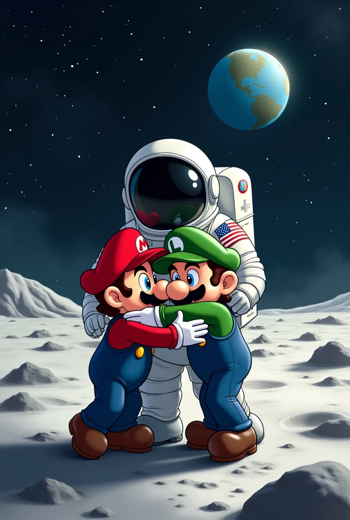 Mario Bros hugging an astronaut on the moon