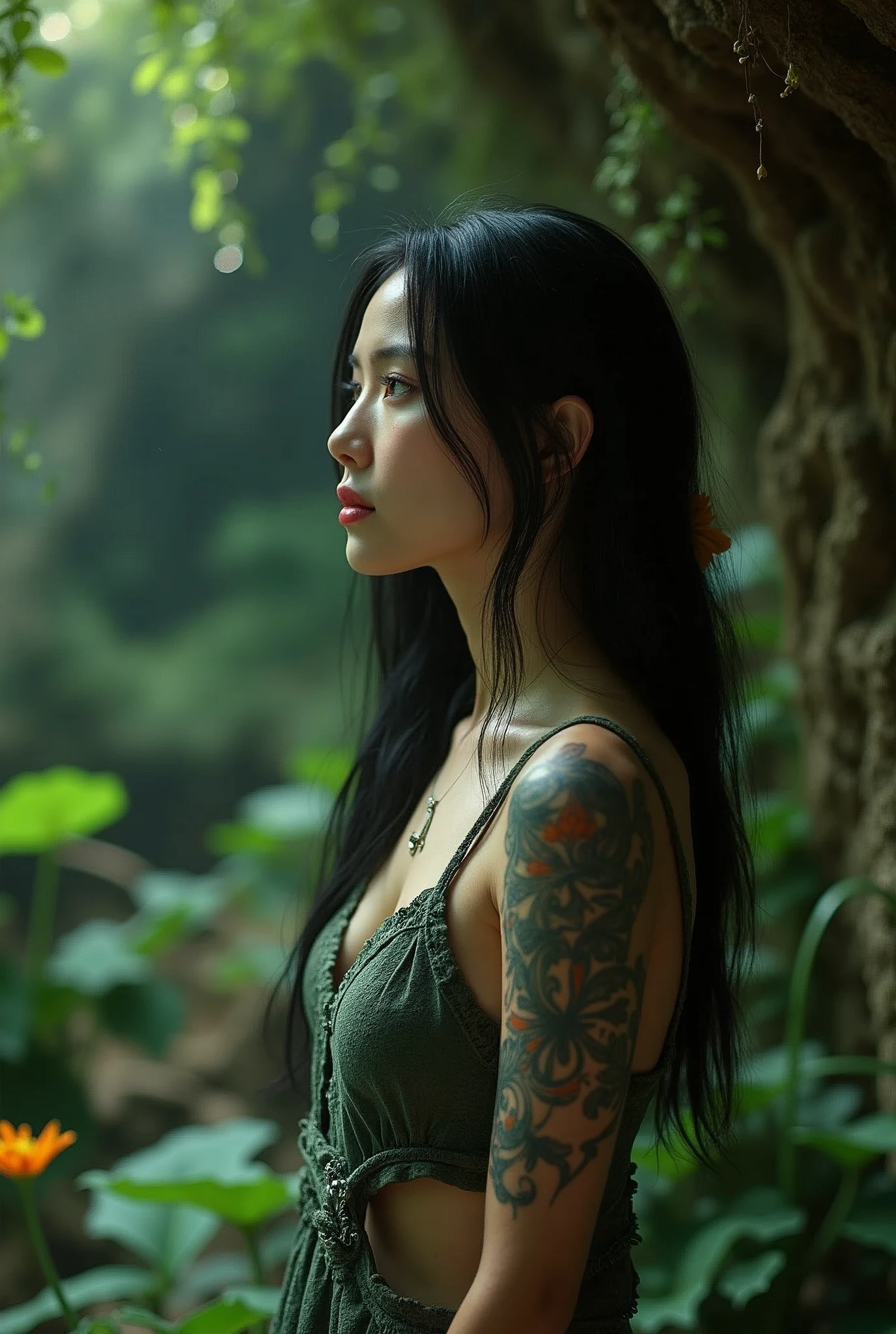 hot vietnamese girl, alone, black hair, tattoo, cave, green, flower, beautiful, idyllic, awesome, absurd, surreal, textured, max detail, dslr, transparent clothes, masterpiece, best quality: 1.2),, (8k, high resolution, RAW photo, realistic, photorealistic: 1.3), (detailed skin texture, detailed cloth texture, detailed water, texture, beautiful detailed face: 1.25), professional lighting, photon mapping, beautiful soft light, radiation, physically based rendering, ray tracing, model shooting style, model shooting style, (ultra detailed 8k unity CG wallpaper), full body photo of the world's most beautiful artwork,