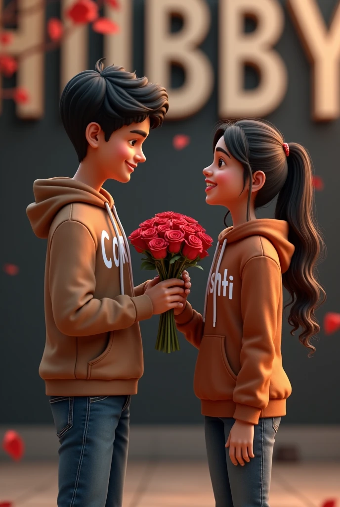 Realistic Indian 19-year-old boy and -yeeautiful girl smile in giving in a bundle of roses with a boy coffee color top and jeans in the park with wifey and chocolate and an on, Wearing a coffee hoodie named " Rocky" boy, The girl is also wearing a brown hoodie on which "Srishti" is written in white color, Black background with big capital letter name " Hubby", loving mood, 3D realistic photo.