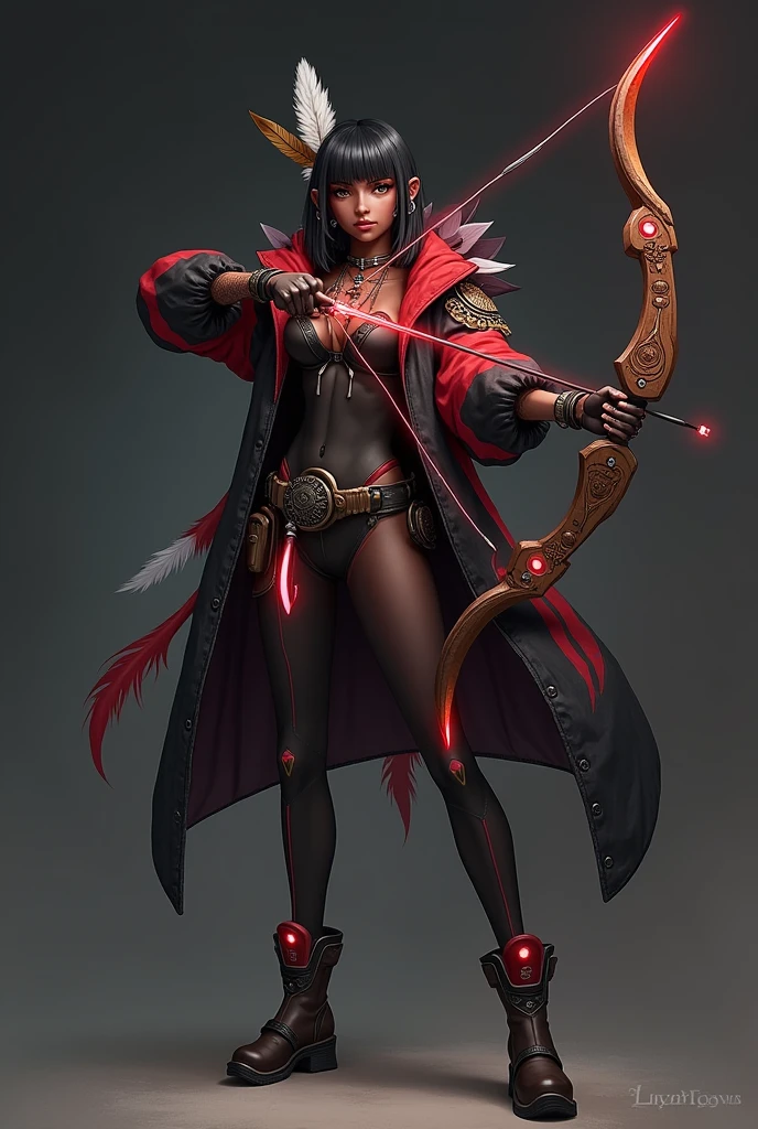 create a full body valorant game style art image, dark-skinned, indigenous traits, with straight short black hair, bangs and red highlights, light brown slanted eyes, with a feather earring and a wetsuit-like outfit and a black and red jacket with feathers, holding a bow with red LED and carved wood details