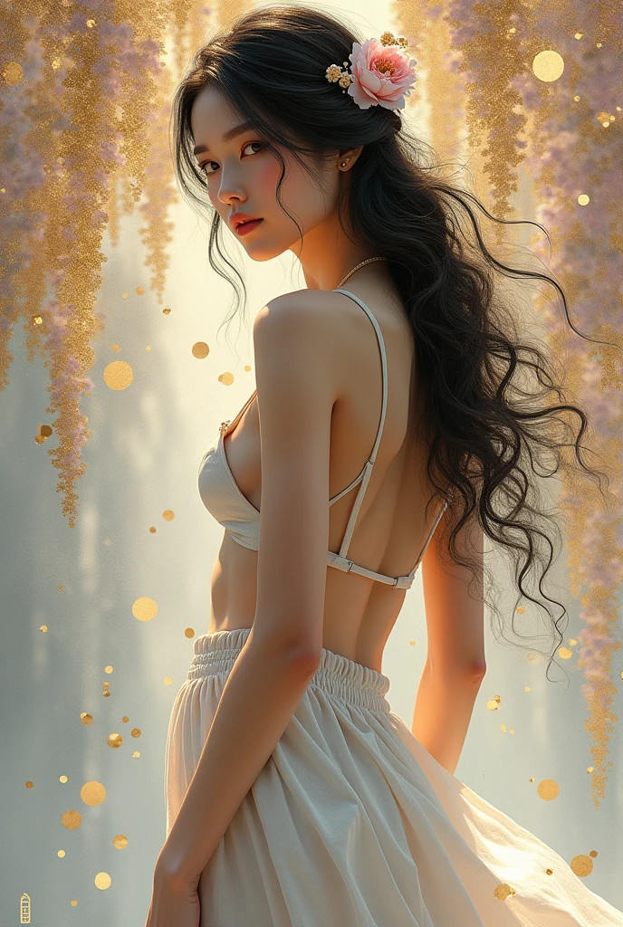 (photorealism:1.2), abstract light and shiny, gold and ink painting, full body view, long flowering curly hair adorned with flowers, Chinese beauty, halter top, large oversized linen pant, Chinese kintsugi patterns, minimalist, under the wisteria flowers, abstract silver-Gray and gold  painting as background, gold kintsugi and splash effects, realistic textures.