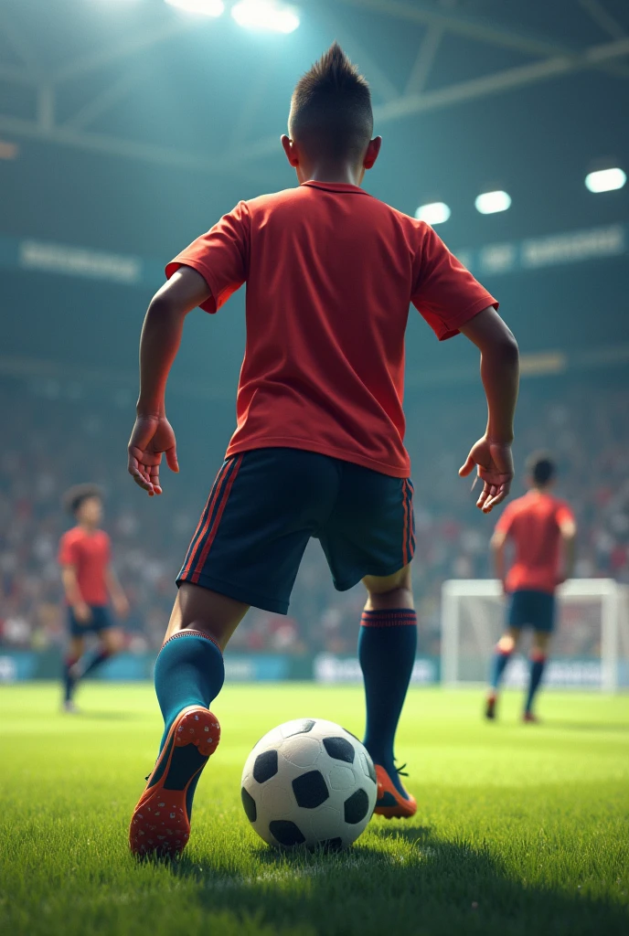 A 15-year-old dark-skinned indoor soccer player playing but with his back facing forward and who is somewhat short and not so dark-skinned and with a haircut called a Mohawk.