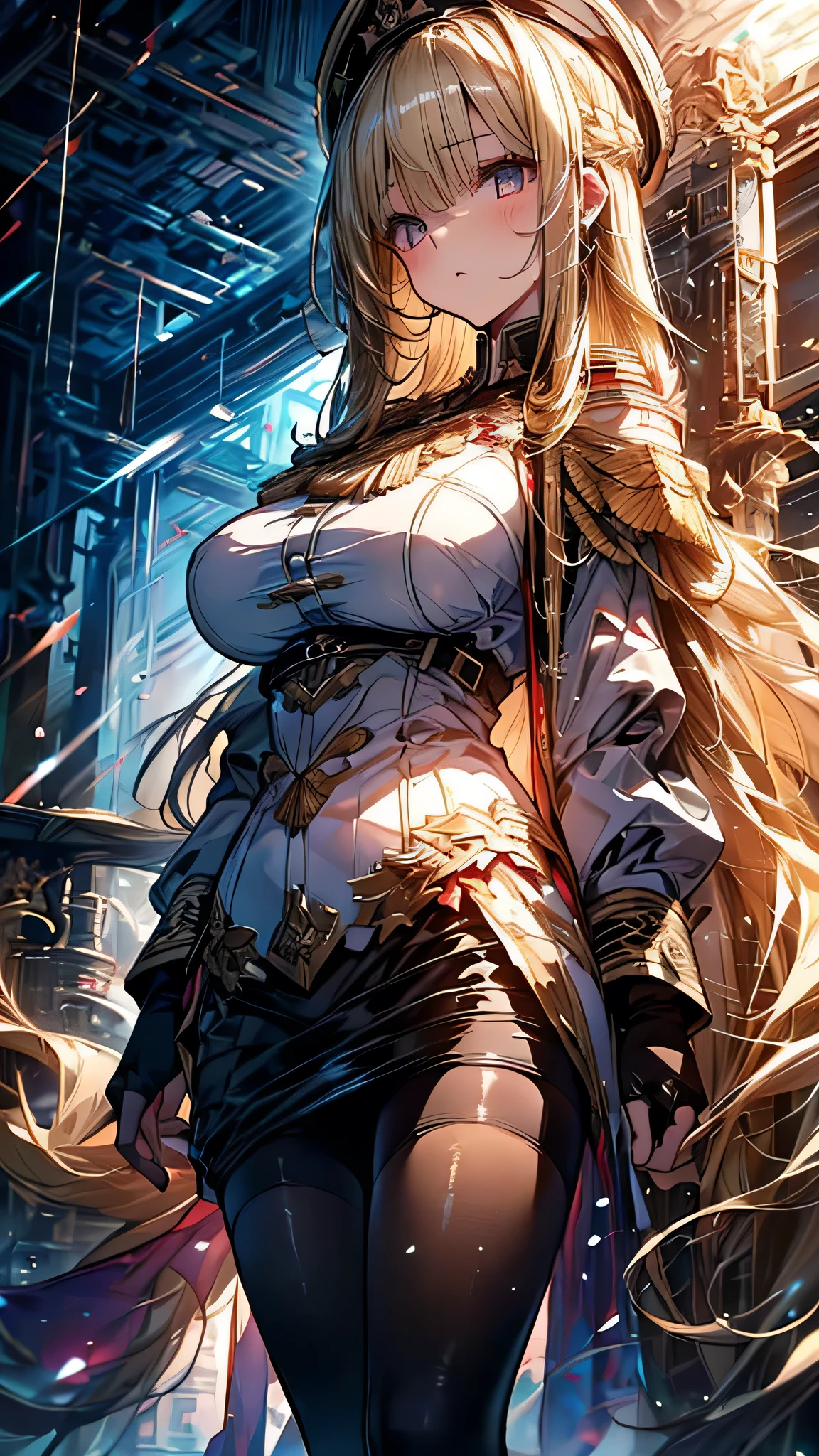 (((Blonde semi-long hair))Big Breasts、Russia、girl、((White military uniform draped over shoulders))、sheer black pantyhose、