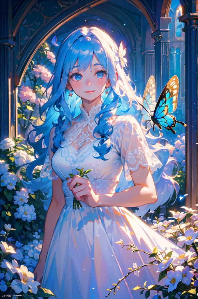 a young boy in a white lace dress, long blue wavy hair, LIGHT BLUE HAIR, cute, cute smile, adorable, holding a butterfly net, butterflies, flower field, natural light, detailed face, beautiful eyes, delicate features, soft colors, serene atmosphere, high quality, detailed, photorealistic, photo-realistic:1. 37, 4k, ultra-detailed, extremely detailed, hyperrealistic, highly detailed, masterpiece:1.2, vibrant colors, natural lighting, cinematic, dramatic, fantastic, magical, surreal.