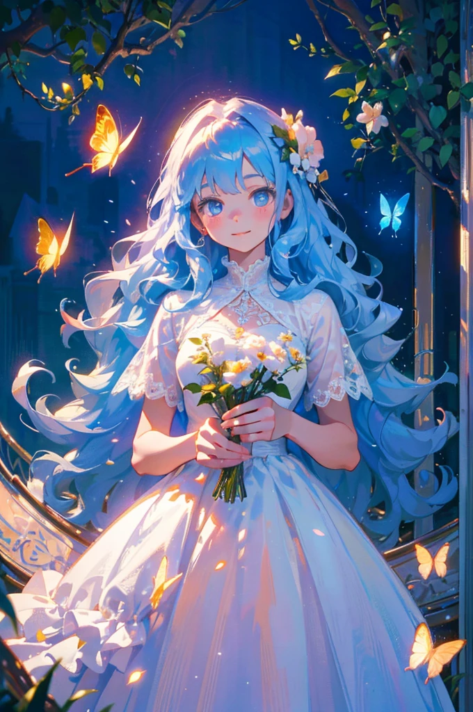 a young boy in a white lace dress, long blue wavy hair, LIGHT BLUE HAIR, cute, cute smile, adorable, holding a butterfly net, butterflies, flower field, natural light, detailed face, beautiful eyes, delicate features, soft colors, serene atmosphere, high quality, detailed, photorealistic, photo-realistic:1. 37, 4k, ultra-detailed, extremely detailed, hyperrealistic, highly detailed, masterpiece:1.2, vibrant colors, natural lighting, cinematic, dramatic, fantastic, magical, surreal.