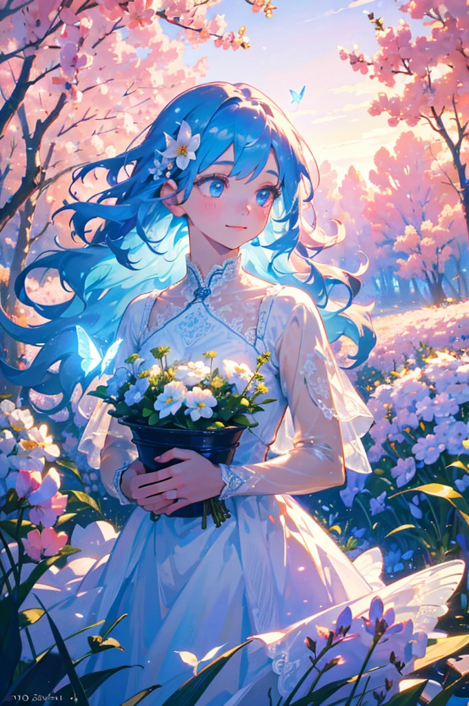 a young boy in a white lace dress, long blue wavy hair, LIGHT BLUE HAIR, cute, cute smile, adorable, holding a butterfly net, butterflies, flower field, natural light, detailed face, beautiful eyes, delicate features, soft colors, serene atmosphere, high quality, detailed, photorealistic, photo-realistic:1. 37, 4k, ultra-detailed, extremely detailed, hyperrealistic, highly detailed, masterpiece:1.2, vibrant colors, natural lighting, cinematic, dramatic, fantastic, magical, surreal.
