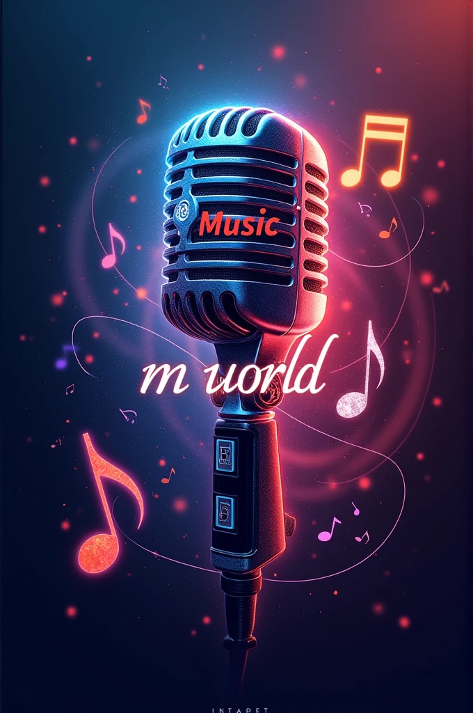 A microphone with a background with musical notes and the following text in the middle: Music is my world 