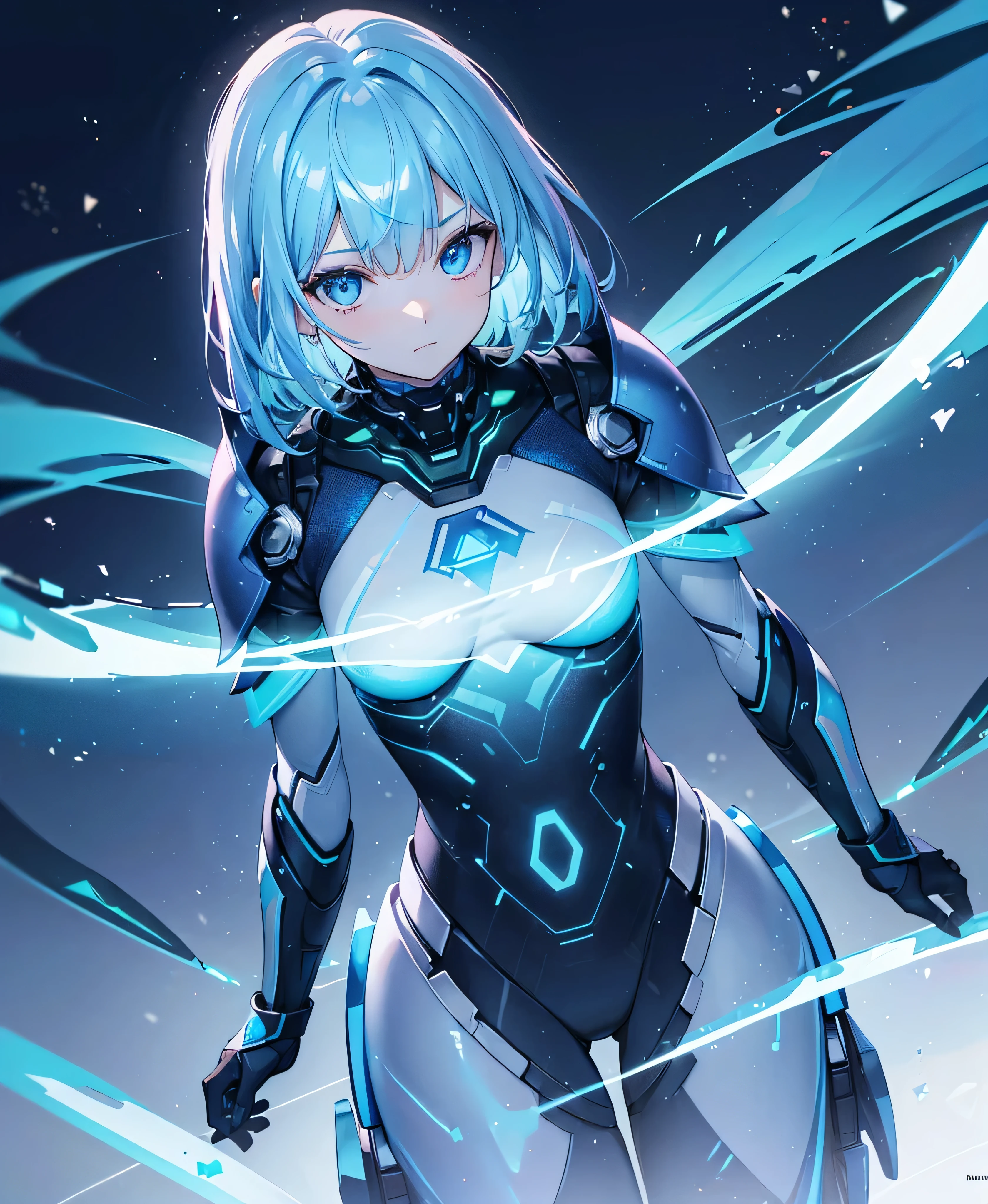 ((Holographic glow effect)),8k, Highest quality, (real:1.4), Original photo, 1 girl, Asari Hair, Biological Amplifier, refined armor, posture: Peace talks between warring factions, smart blue eyes,whole body