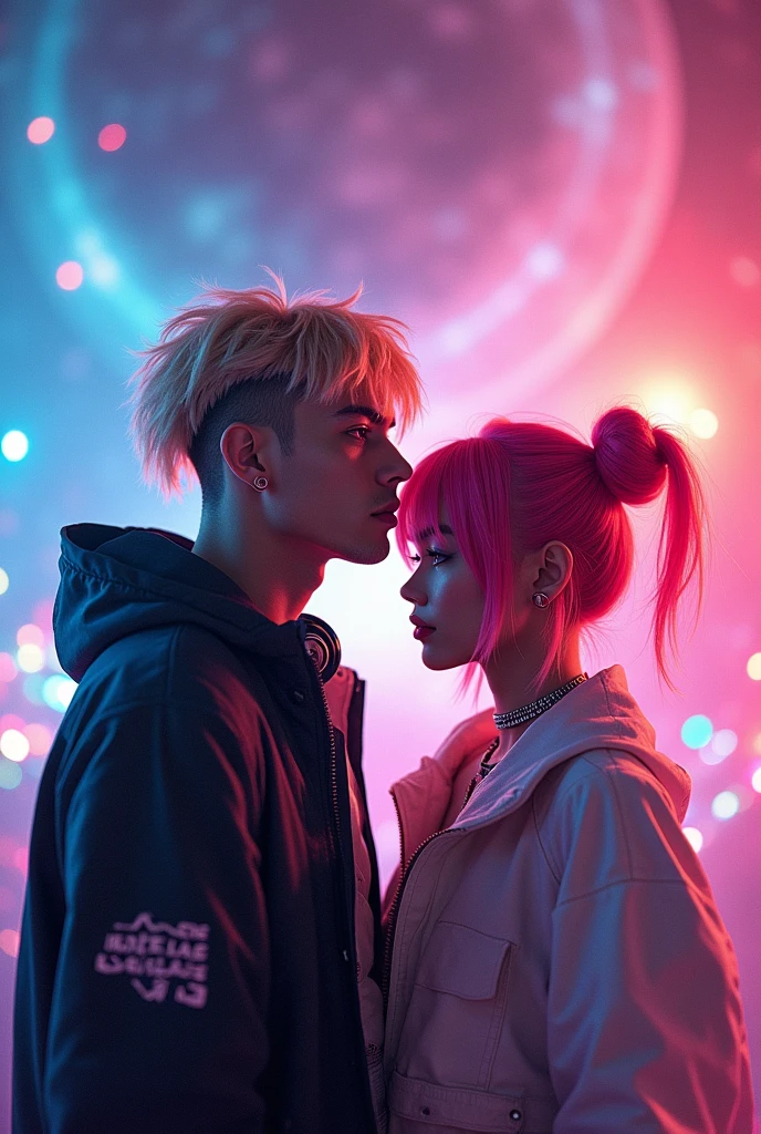 A layer of "IT'S NOT U IT'S ME" presents DJ Tyde West American male, hair blonde, bangs with shaved sides and friendly face, jacket and headphones, and Japanese singer Sakura Rina with pink hair in space buns. The vibrant and dynamic background
