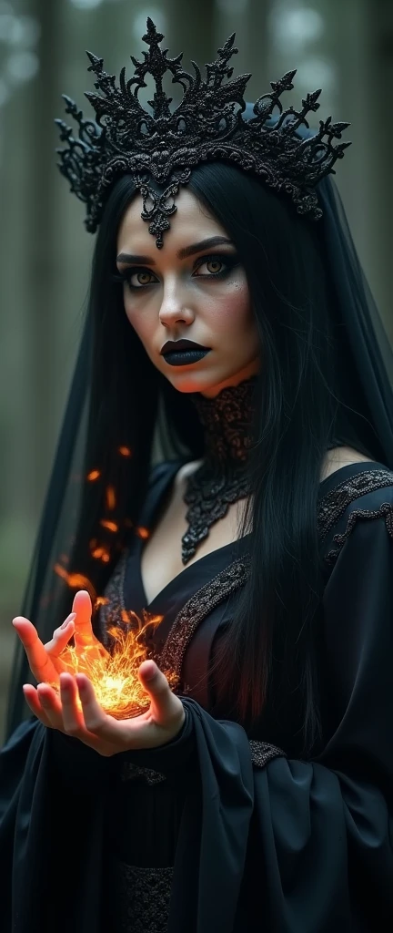 a horror portrait of a beautiful sorceress, extremely detailed eyes and face, long eyelashes, detailed makeup, elaborate headdress, dark mysterious flowing dress, dark magical energy emanating from her hands, dramatic lighting, dark moody colors, (best quality,8k,highres,masterpiece:1.2),cinematic lighting, dark fantasy, dark magic, dramatic atmosphere, sensually gothic, dark surreal