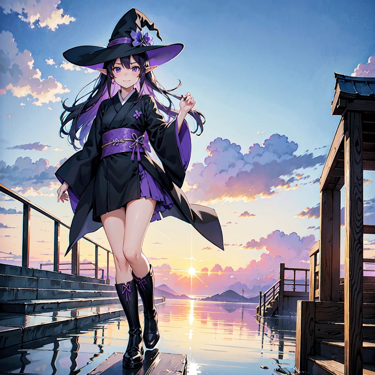 A girl with long violet-purple hair. A gentle, full smile. Pointy elf ears. Her clothes are simple: a black robe with wide sleeves and a black miniskirt. Her knees are showing. The front has a V-shaped white insert like a kimono. A witch's hat with purple ribbons on either side. Gentle face. Black boots. Background, bright painting, Makoto Shinkai, endless stairs only, floating long stairs, floating stairs in the air, stairs above clouds, illustration, nostalgic, vivid, above clouds, bright, fresh, sunset. A maze of connected stairs.