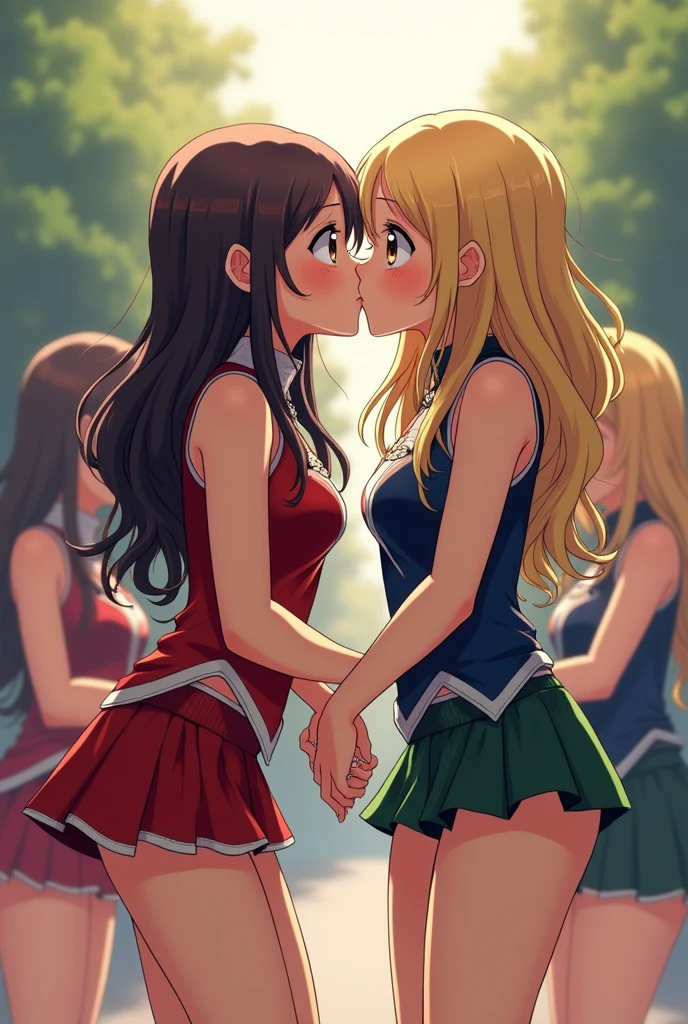 detailed picture of 4 extremely cute and beautiful marching band girls kissing in short skirts showing panties