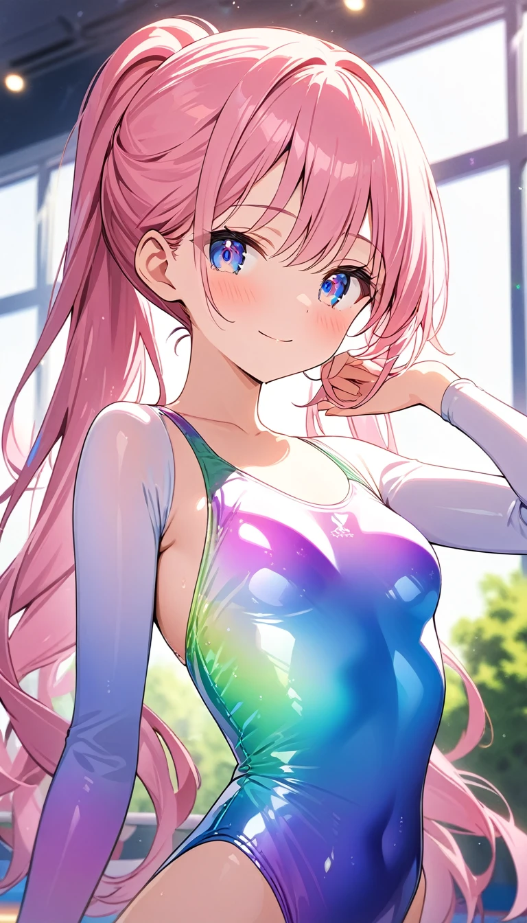 highquality illustration, masterpiece, very delicate and beautiful, attractive girl,(gymnastics leotard,long sleeve leotard with glittery decoration,high_leg leotard,athletic leotard,tight-fit leotard,iridescent gradient leotard,long sleeve leotard),thin,slender body,slim,high school,gymnasium background,gymnastics club,gymnastics athlete,princess, beautiful eyes,light smile,(masterpiece, best quality:1.2), highres, extremely detailed CG unity 8k wallpaper, perfect lighting, Colourful, ultra-high res,4K,ultra-detailed, photography, 8K, HDR, 17 ages,cowboy shot,