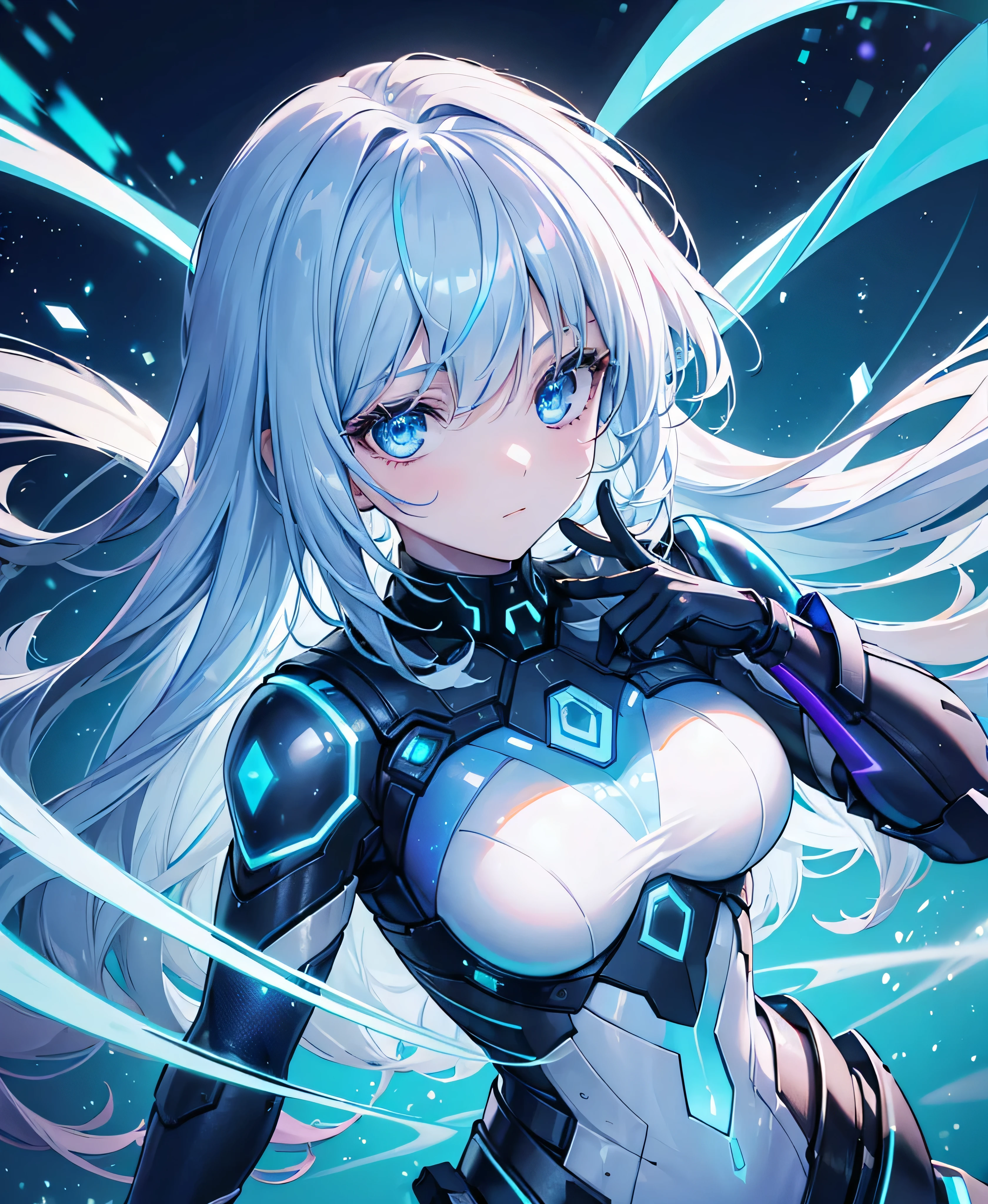 ((Holographic glow effect)),8k, Highest quality, (real:1.4), Original photo, 1 girl, Asari Hair, Biological Amplifier, refined armor, posture: Peace talks between warring factions, smart blue eyes,whole body