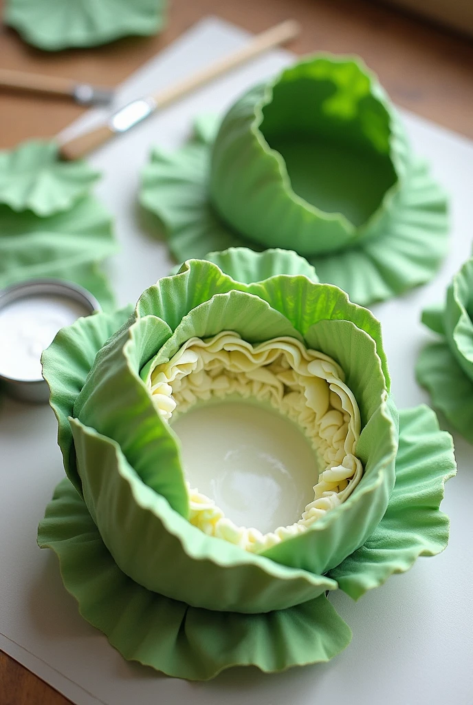 "Create an image depicting the process of making a model of a cabbage's inner structure using fabric and a water-glue mix. The scene should include:
1. **Materials Layout**: A workspace with pieces of green fabric in various shades, a bowl of white glue mixed with water, and a brush.
2. **Base Structure**: A wireframe or flexible base shaped into a rounded form resembling a cabbage.
3. **Applying Fabric**: Fabric pieces being dipped into the glue mixture and draped over the wireframe, showing layers of fabric overlapping.
4. **Detailing**: Fabric pieces arranged to create folds and wrinkles, highlighting the textured look of the cabbage.
5. **Drying**: The model resting on a flat surface, showing the layered fabric and evolving structure.
6. **Final Touches**: The dried model with potential paint or additional detailing.
The overall scene should convey the process from start to finish, focusing on the texture and construction of the cabbage model."