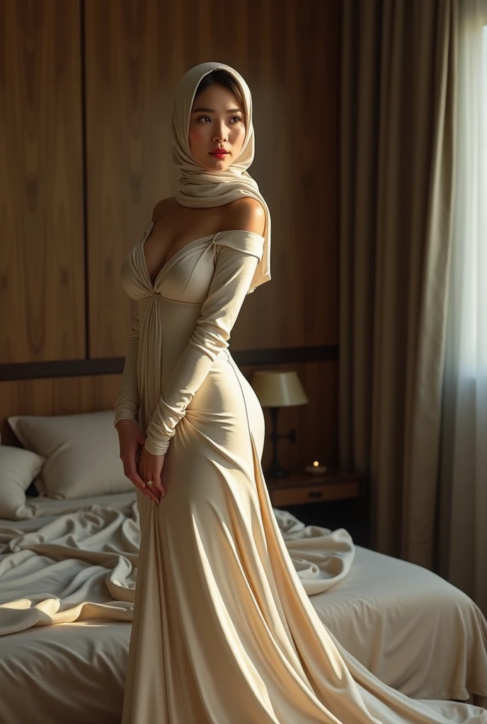 Asian woman wrapped in a satin cloth mimicking a mermaid gown with a striking large train, the cloth clings tightly to her figure, incorporates a hijab, standing with poise, see through whole body,half naked, nipple on, dramatic lighting, sexy pose in bed room, volumetric textures, ultra realistic, golden ratio.