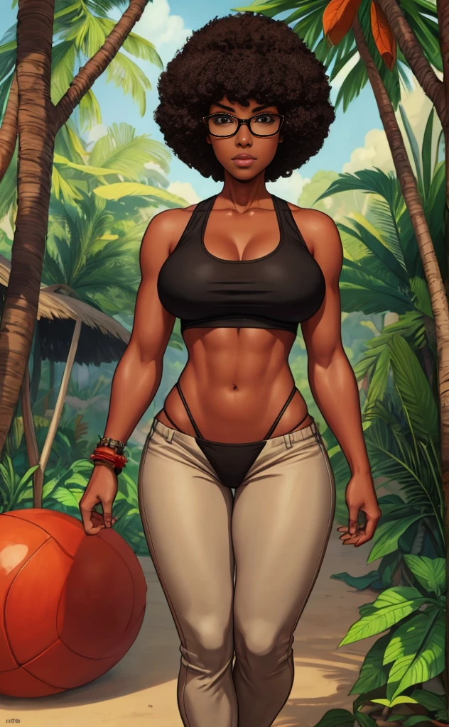 nerdy black girl, Rubenesque, sexy, beige pants and red tank top, black afro, visible thong, midriff, jungle beach, short hair