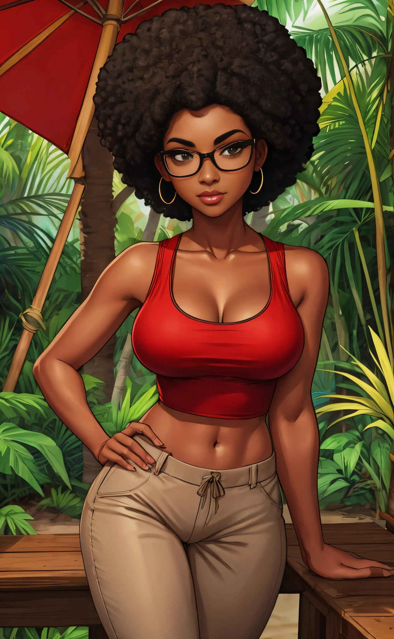 nerdy black girl, Rubenesque, sexy, beige pants and red tank top, black afro, visible thong, midriff, jungle beach, short hair
