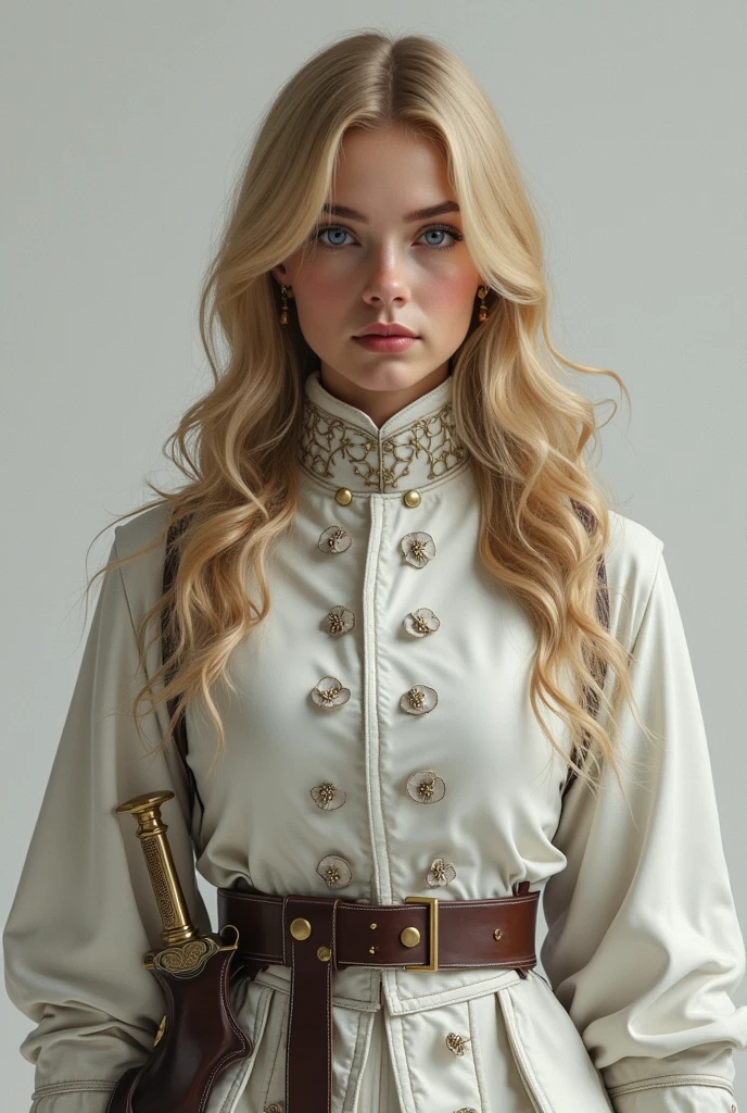 (photorealism:1.2), beautiful girl, 19 years old, blond long hair, blue eyes, wearing a white corse, white girl, whit a sheathed rapier and a holstered automatic pistol, noble, cortesan