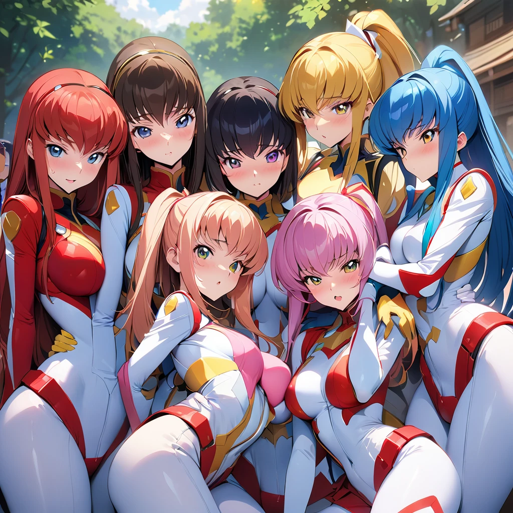 super sentai series, hero suits, girls surrounding, multiple girls, (masterpiece, best quality, ultra detailed), (code geass style, ), (tender expression, ), romantic,