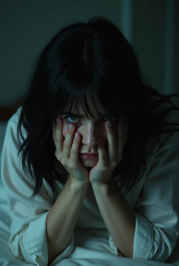 Woman 20-25 years old, Black-haired girl with green eyes crying in the corner of her bed collapsed on her knees while she dries her disheveled tears, pale white pretty at night looking at her hands while crying