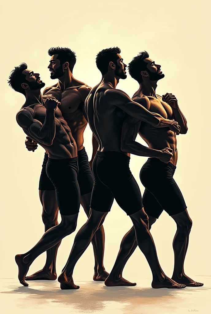 Several male dancers in various dance movements, with each showing a different expression—joy, courage, sensitivity, and introspection. It can be a silhouette or a full illustration with details showing different types of masculinity..